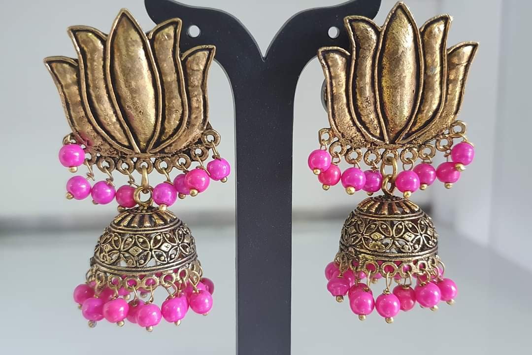 Lotus Flower Designer Pink Perl Oxidised Gold Jhumkas Lotus Flower Designer Pink Perl Oxidised Gold Jhumkas