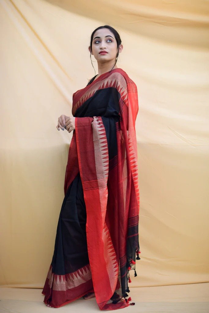 Black and Red Handloom Khadi Cotton Saree