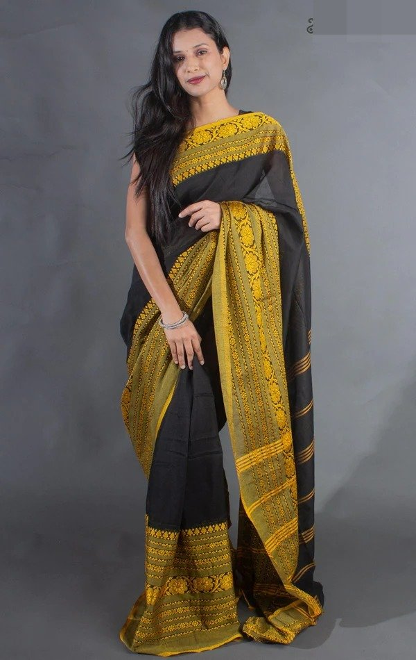 Black and Yellow Hanloom Khadi Cotton Saree Black and Yellow Hanloom Khadi Cotton Saree