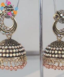 Peacock Designer Light Perl Oxidised Gold Jhumkas