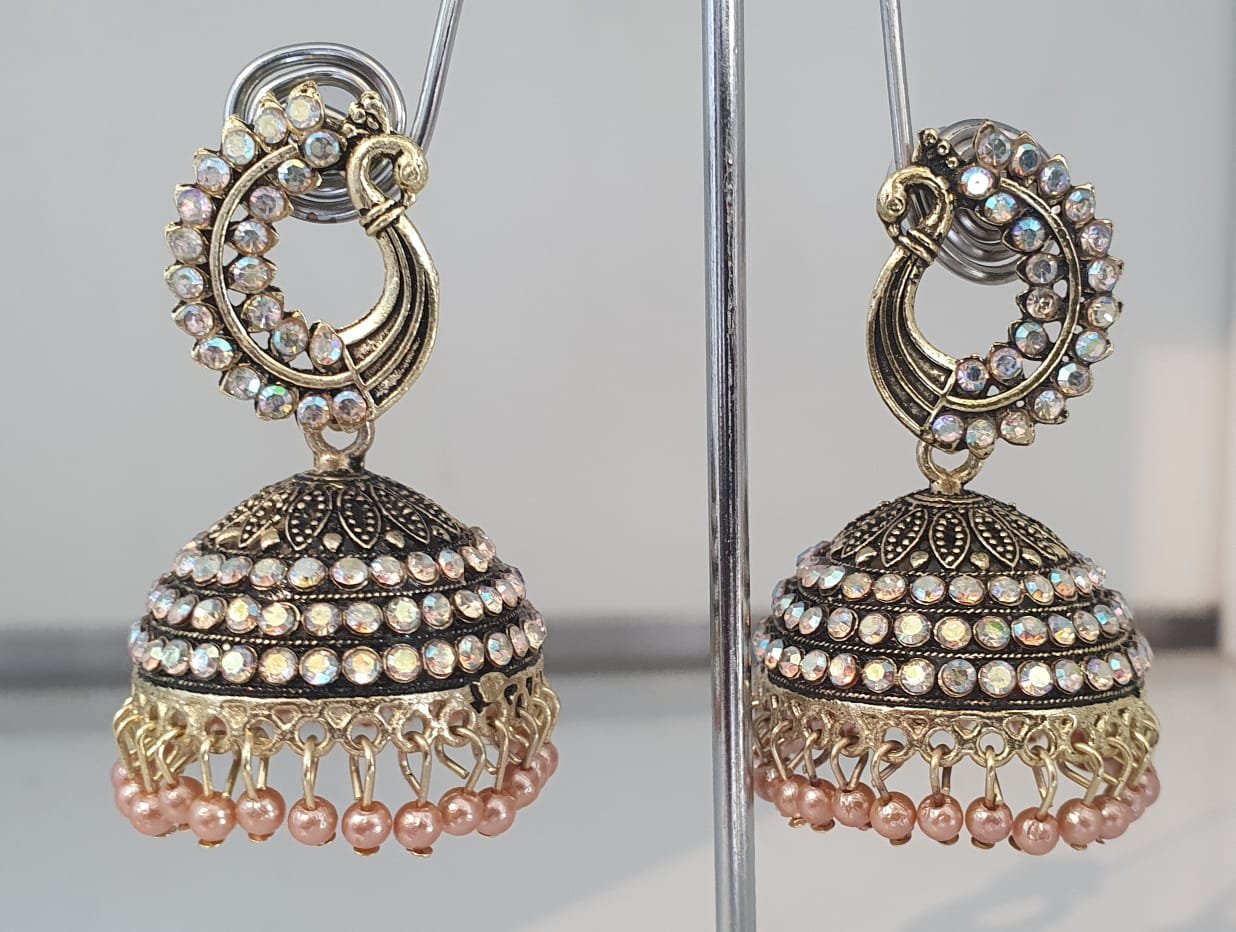 Peacock Designer Light Perl Oxidised Gold Jhumkas Peacock Designer Light Perl Oxidised Gold Jhumkas