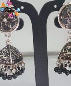 Flower Designer Black Pearl Oxidised Silver Jhumkas