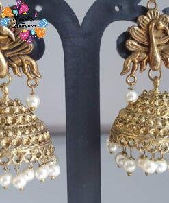 Peacock Designer White Perl Oxidised Gold Jhumkas