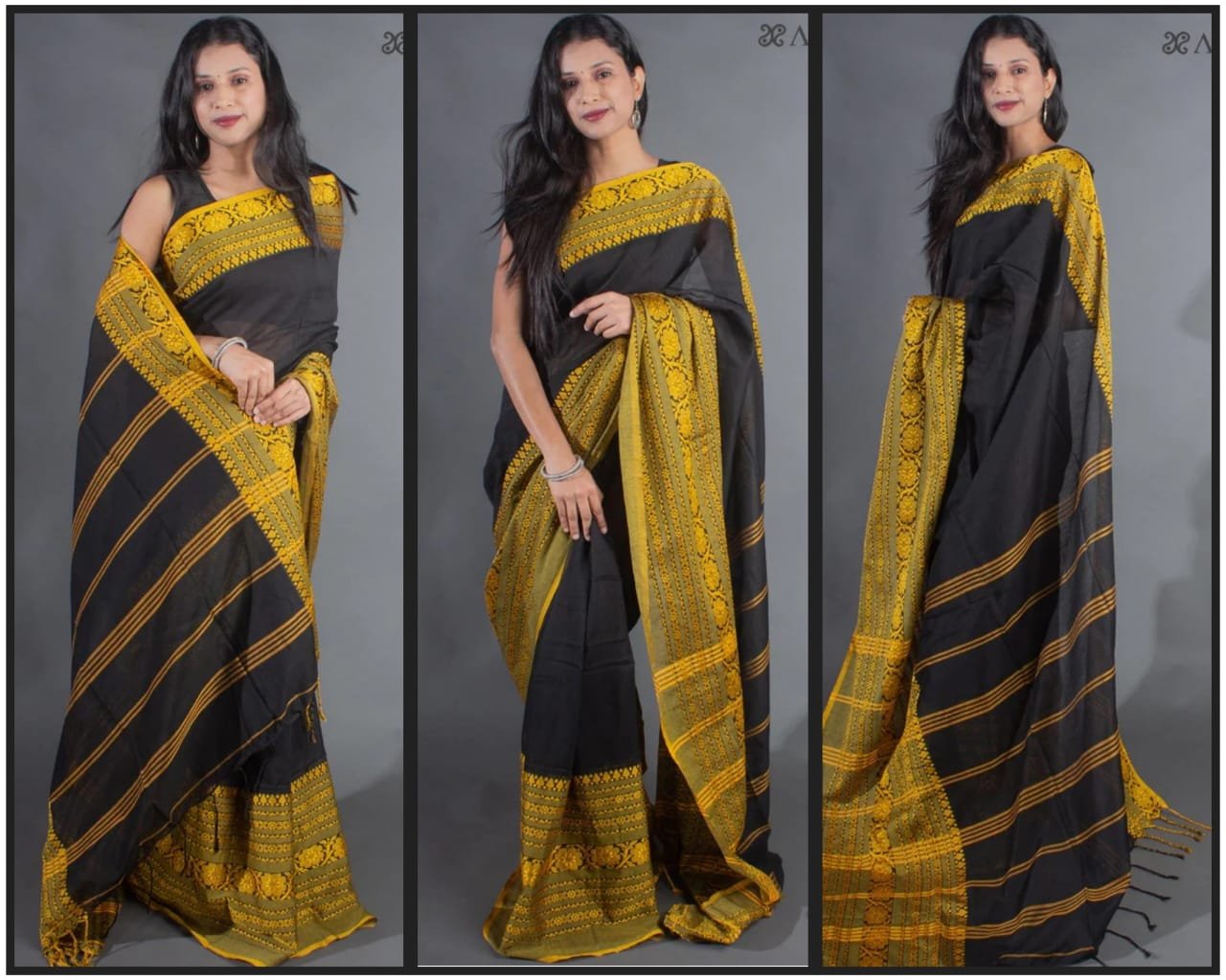 Black and Yellow Hanloom Khadi Cotton Saree Black and Yellow Hanloom Khadi Cotton Saree - Image 5