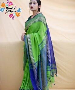 Apple Green and Blue Handloom Khadi Cotton Saree