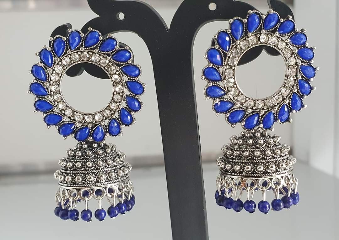 Blue & white Stone Designer Oxidised Silver Jhumkas Blue & white Stone Designer Oxidised Silver Jhumkas - Image 2
