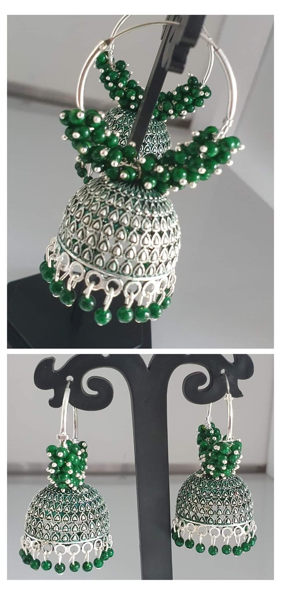 Green Perl Designer silver Jhumkas