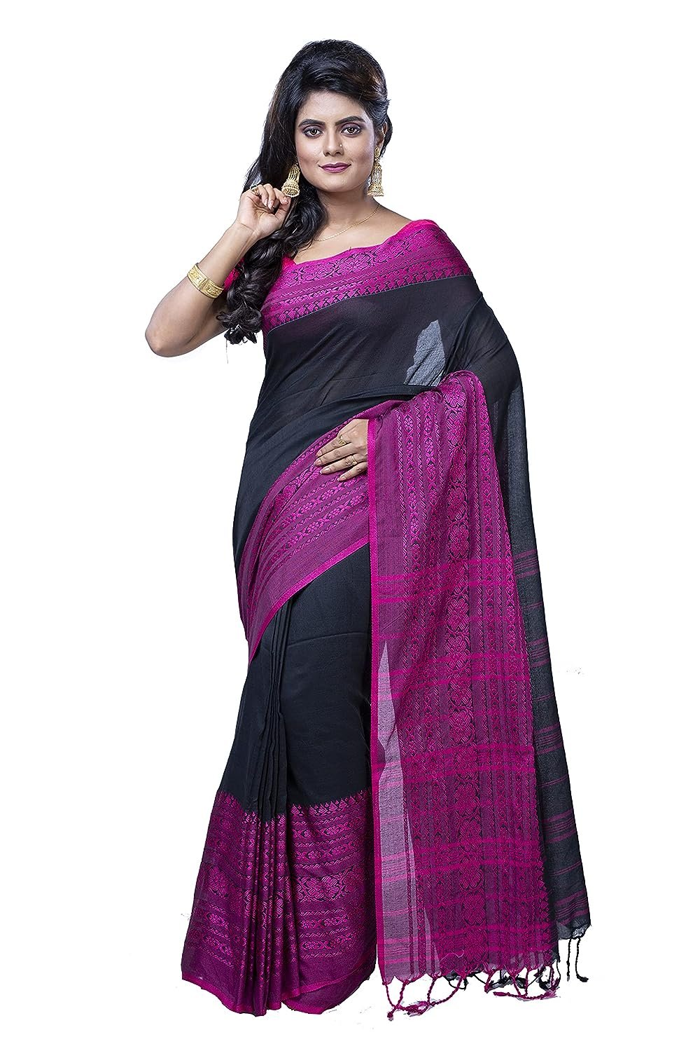 Black and Magenta Handloom Khadi Cotton Saree Black and Magenta Handloom Khadi Cotton Saree