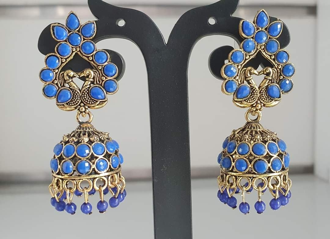 Peacock Designer Blue Stone Oxidised Gold Jhumkas Peacock Designer Blue Stone Oxidised Gold Jhumkas
