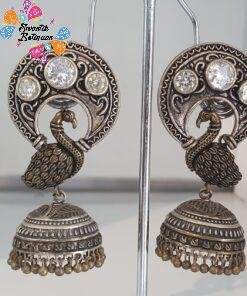 Peacock Designer White Stone Oxidised Silver Jhumkas