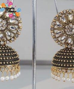 Flower Designer White Perl Oxidised Gold Jhumkas