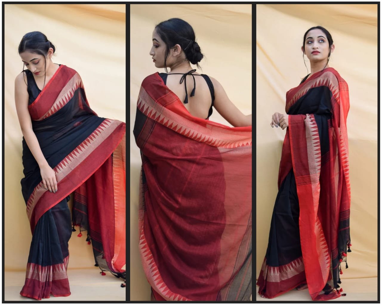 Black and Red Handloom Khadi Cotton Saree - Image 5