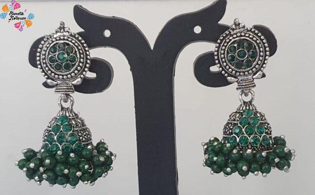 Green Stone Oxidised Silver Jhumkas