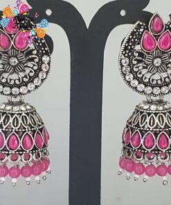 Flower Designer White & Pink Stone Oxidised Silver Jhumkas