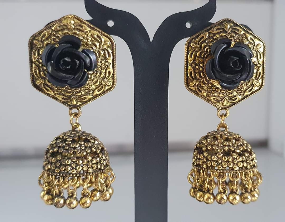 Black Flower Designer Oxidised Gold Jhumkas Black Flower Designer Oxidised Gold Jhumkas
