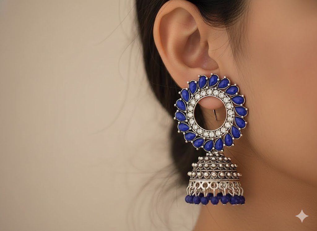 Blue & white Stone Designer Oxidised Silver Jhumkas Blue & white Stone Designer Oxidised Silver Jhumkas