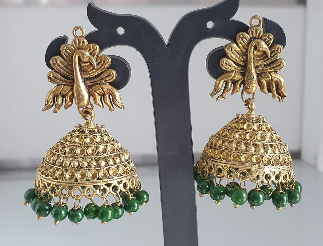 Peacock Designer Green Perl Oxidised Gold Jhumkas Peacock Designer Green Perl Oxidised Gold Jhumkas