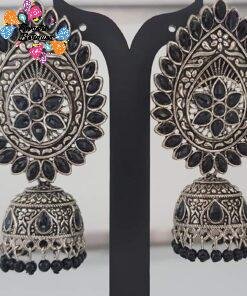 Leaf Designer Black Pearl Oxidised Silver Jhumkas Leaf Designer Black Pearl Oxidised Silver Jhumkas