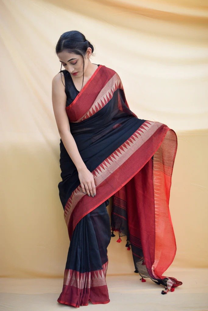 Black and Red Handloom Khadi Cotton Saree - Image 2