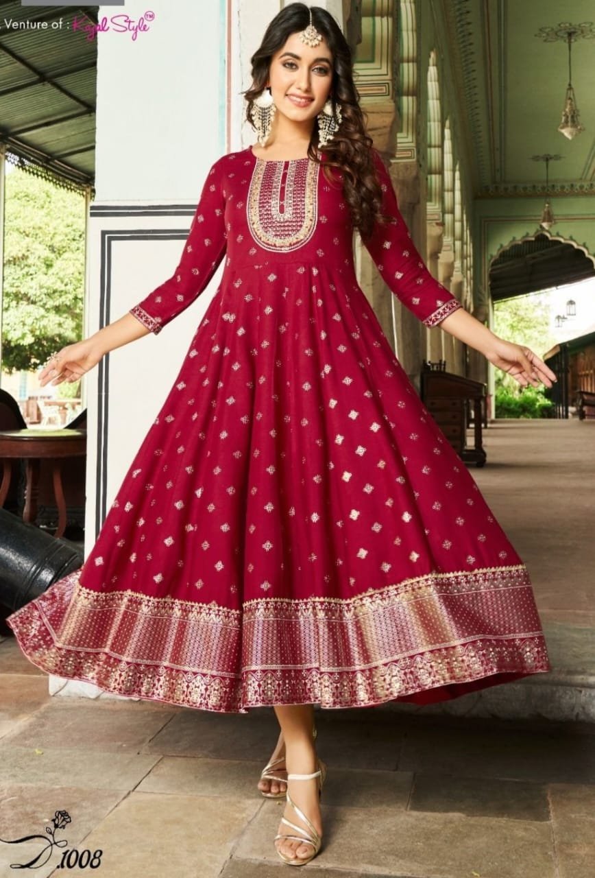 Red Heavy Rayon Frock Style Designer Kurthi