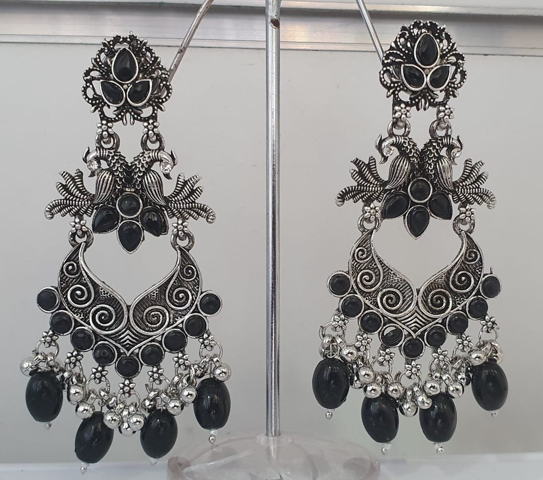Peacock Designer Black Perl Oxidised Silver Earring Peacock Designer Black Perl Oxidised Silver Earring