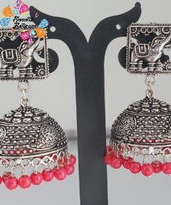 Elephant Designer Red Pearl Oxidised Silver Jhumkas