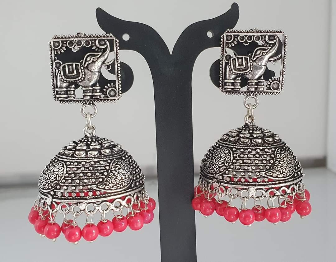 Elephant Designer Red Pearl Oxidised Silver Jhumkas Elephant Designer Red Pearl Oxidised Silver Jhumkas