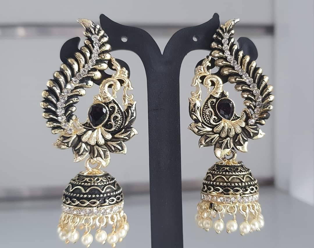 Peacock Designer White Perl Oxidised Gold Jhumkas Peacock Designer White Perl Oxidised Gold Jhumkas