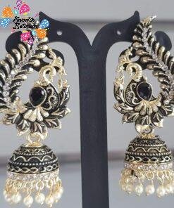 Peacock Designer White Perl Oxidised Gold Jhumkas