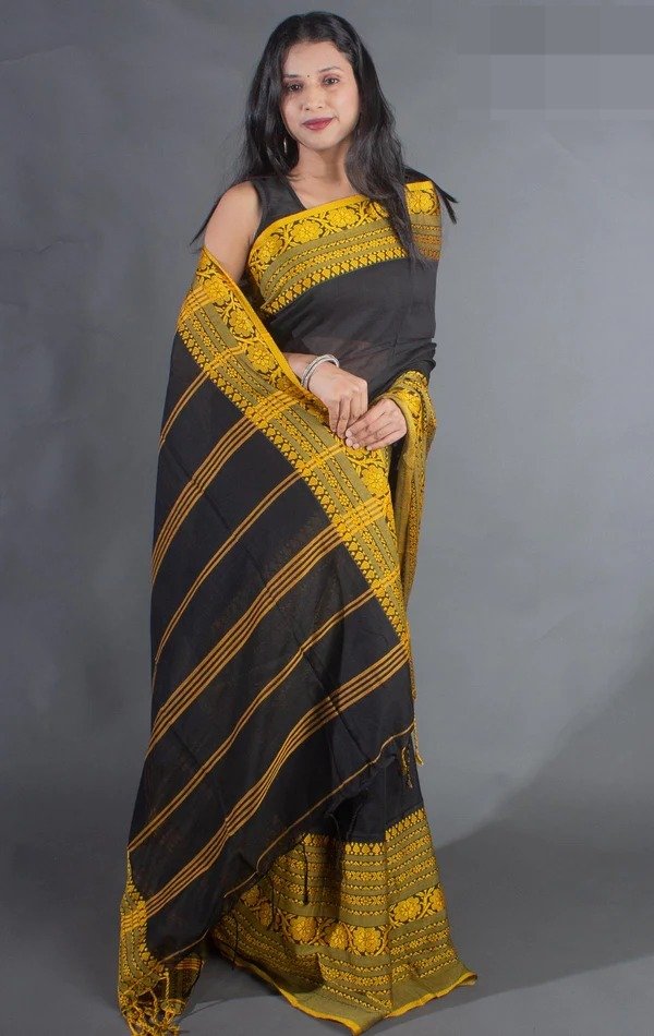 Black and Yellow Hanloom Khadi Cotton Saree Black and Yellow Hanloom Khadi Cotton Saree - Image 2