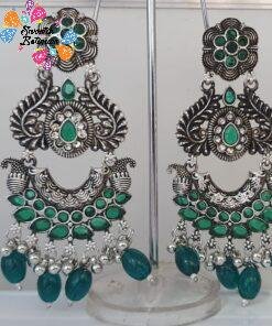 Floral Designer Green Perl Oxidised Silver Earring