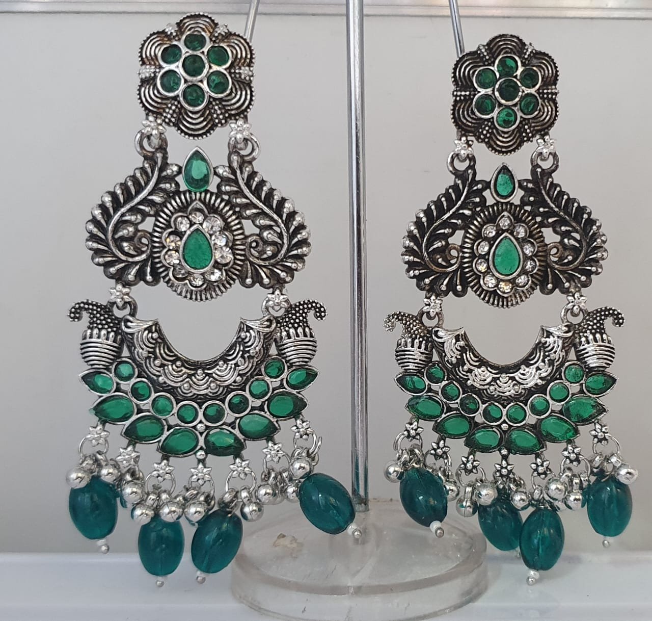 Floral Designer Green Perl Oxidised Silver Earring Floral Designer Green Perl Oxidised Silver Earring