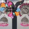 Peacock Designer Pink Pearl Oxidised Silver Jhumkas