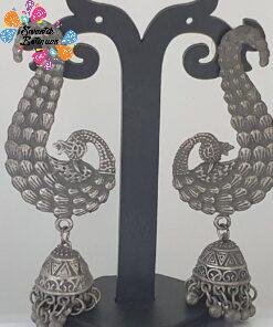 Peacock Designer Oxidised Black Silver Jhumkas