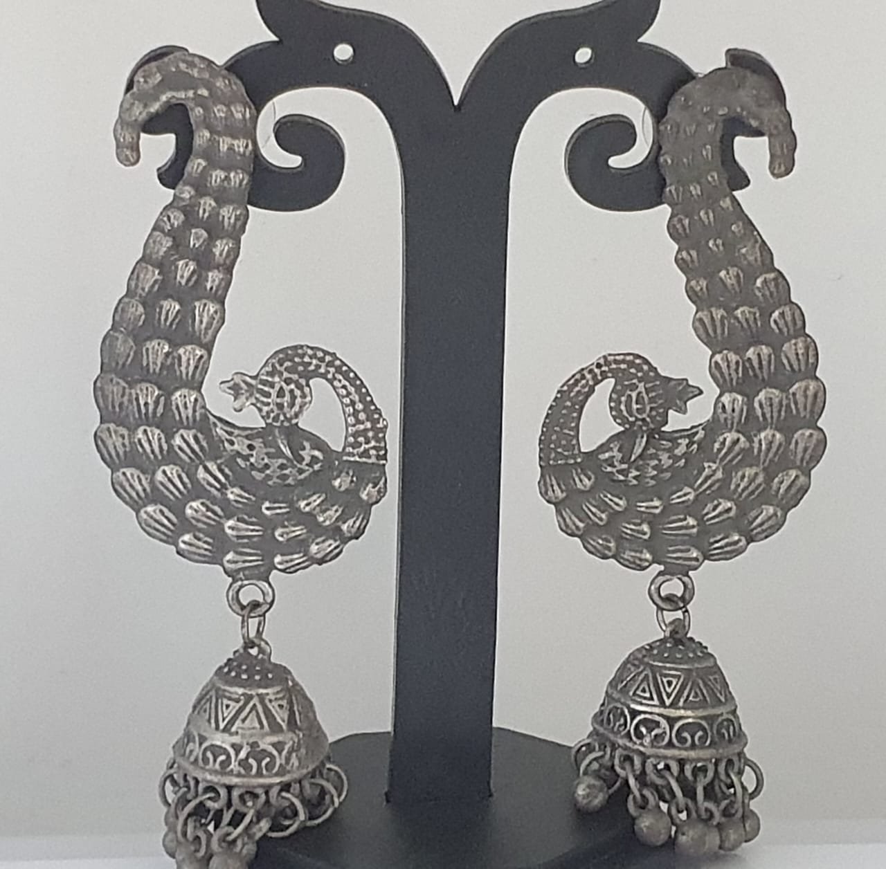 Peacock Designer Oxidised Black Silver Jhumkas Peacock Designer Oxidised Black Silver Jhumkas