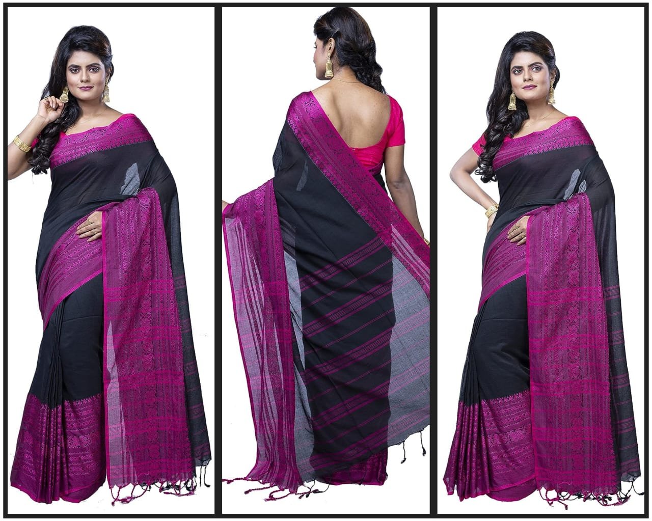Black and Magenta Handloom Khadi Cotton Saree Black and Magenta Handloom Khadi Cotton Saree - Image 6