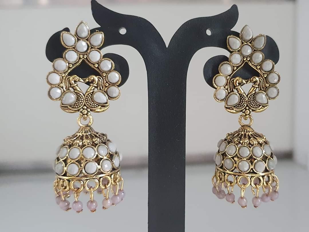 Peacock Designer Grey Stone Oxidised Gold Jhumkas Peacock Designer Grey Stone Oxidised Gold Jhumkas