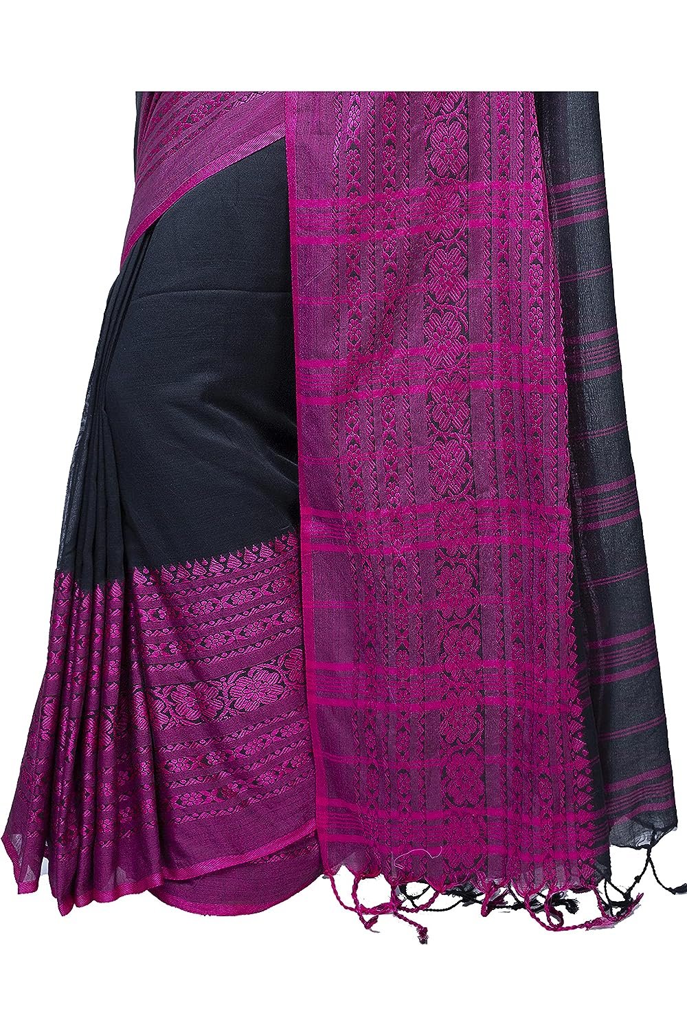 Black and Magenta Handloom Khadi Cotton Saree Black and Magenta Handloom Khadi Cotton Saree - Image 5