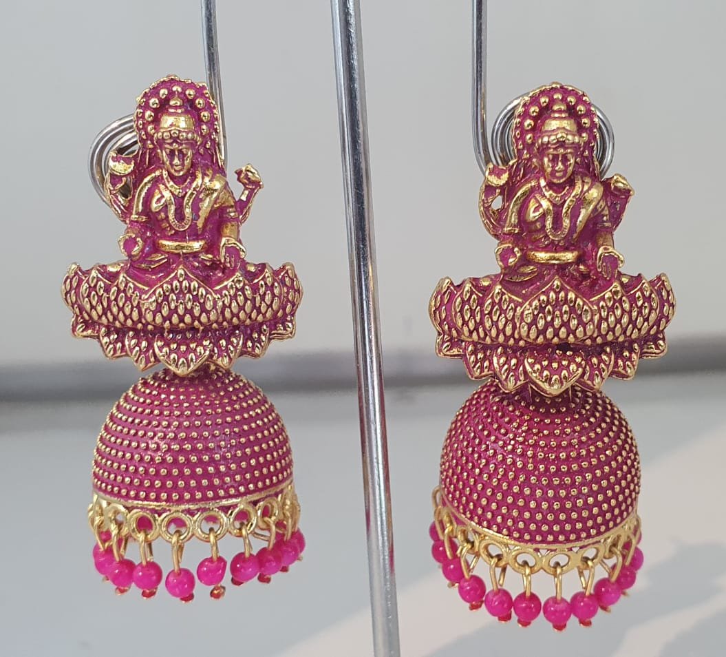 Lakshmi Designer Pink Oxidised Gold Jhumkas Lakshmi Designer Pink Oxidised Gold Jhumkas
