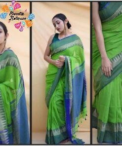 Apple Green and Blue Handloom Khadi Cotton Saree Apple Green and Blue Handloom Khadi Cotton Saree