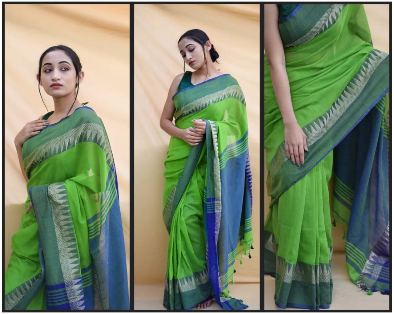 Apple Green and Blue Handloom Khadi Cotton Saree Apple Green and Blue Handloom Khadi Cotton Saree - Image 3