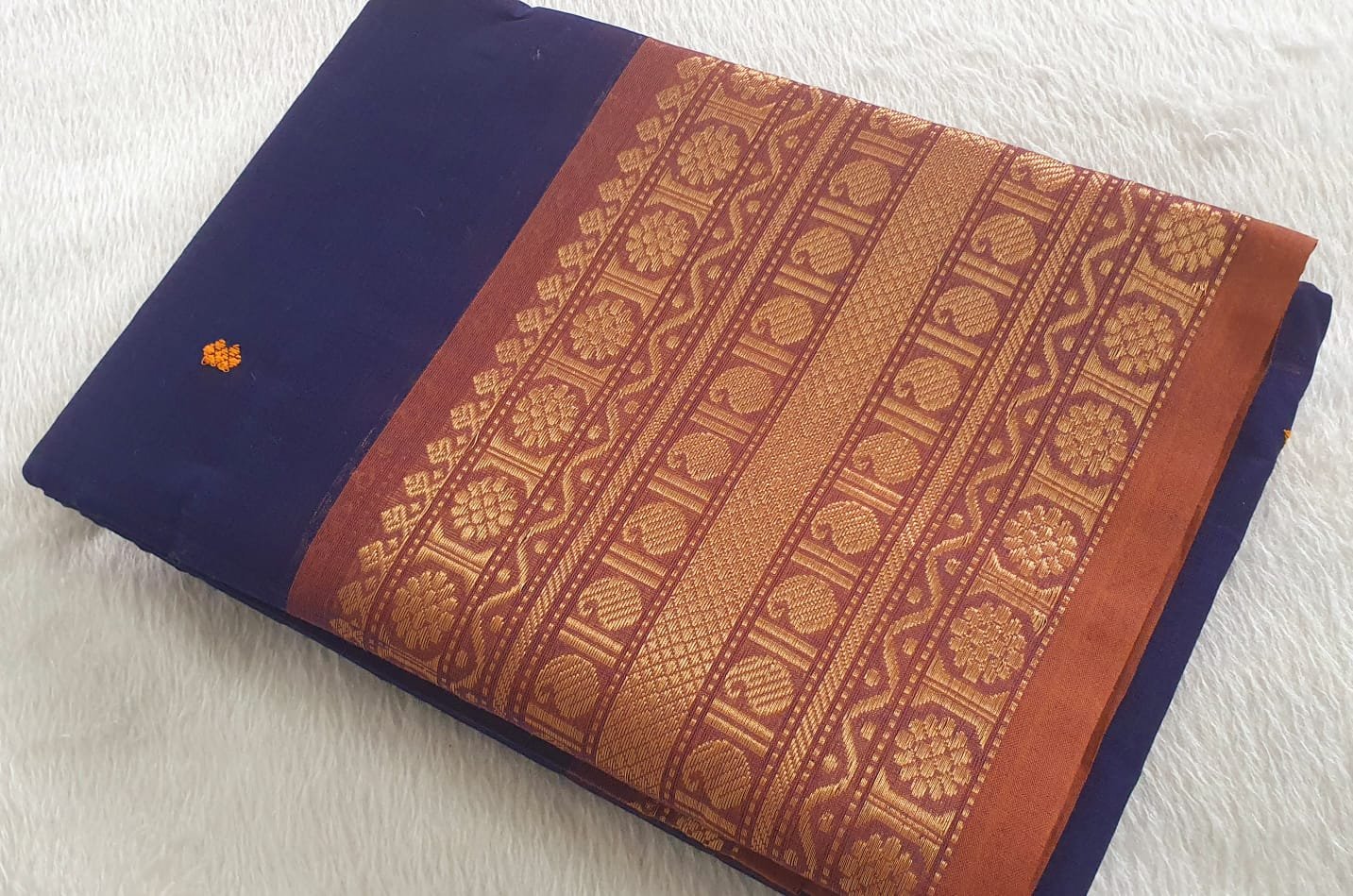 Navy blue and Orange Chettinad Cotton Saree Navy blue and Orange Chettinad Cotton Saree - Image 4