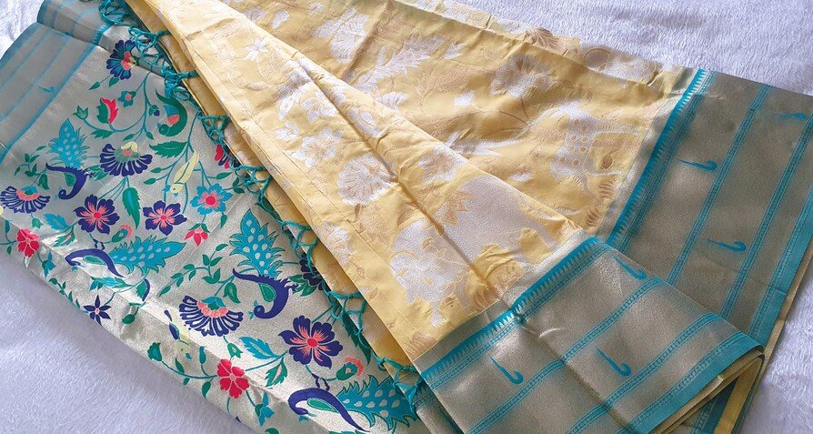 Yellow and Silver Vanasingaram Fancy Silk Saree - Image 3