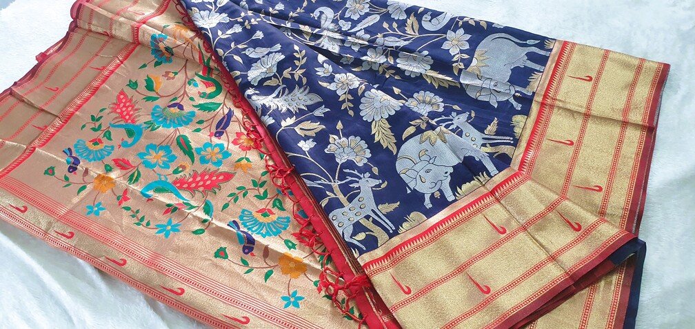 Navyblue and Silver Vanasingaram Fancy Silk Saree - Image 6