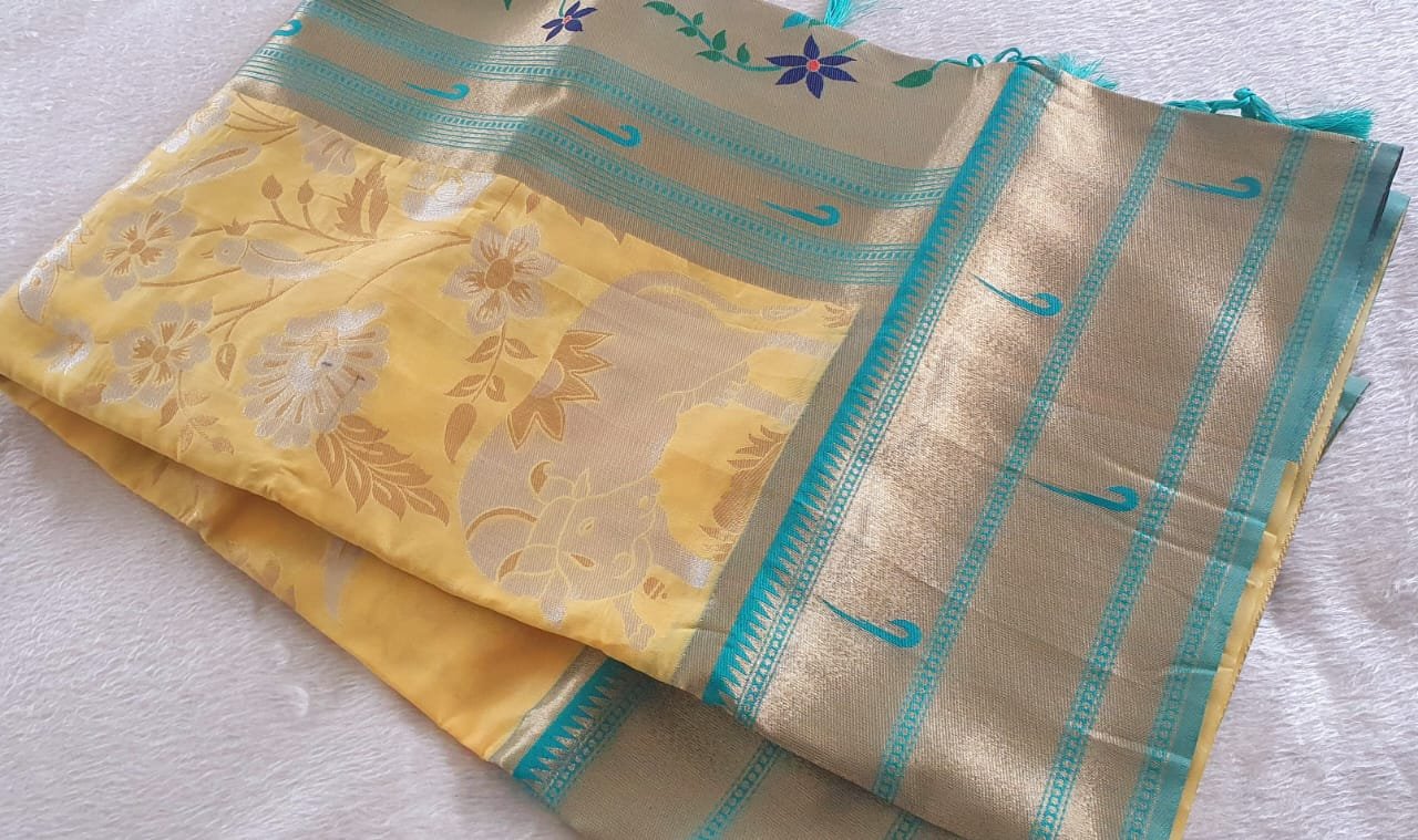 Yellow and Silver Vanasingaram Fancy Silk Saree - Image 8