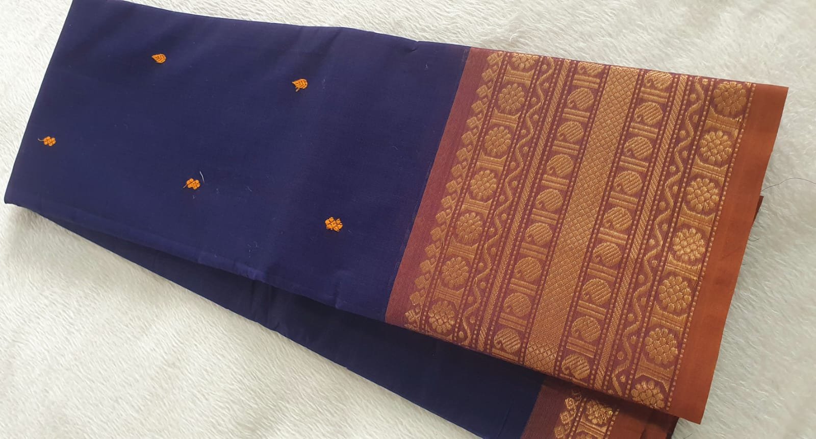Navy blue and Orange Chettinad Cotton Saree Navy blue and Orange Chettinad Cotton Saree - Image 2