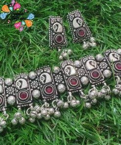 Peacock Designer Red Stone Silver Necklace