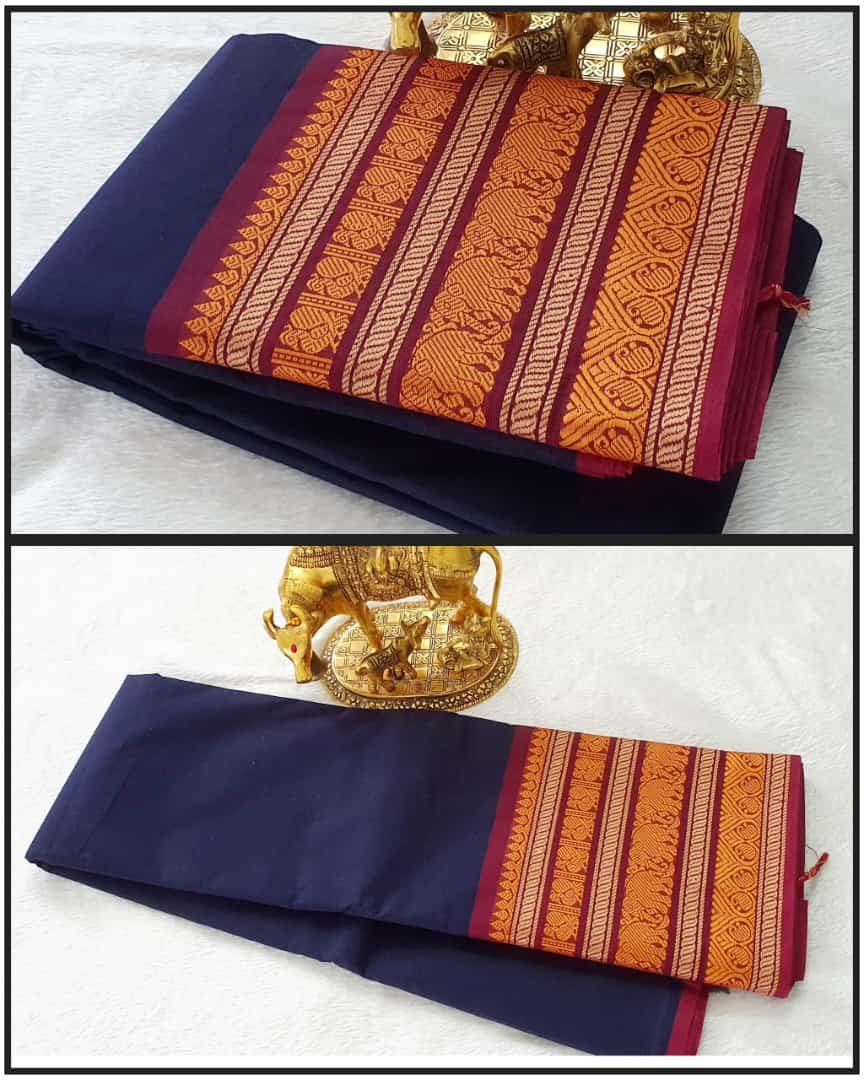 Dark Blue and Marron Chettinad Cotton Saree Dark Blue and Marron Chettinad Cotton Saree