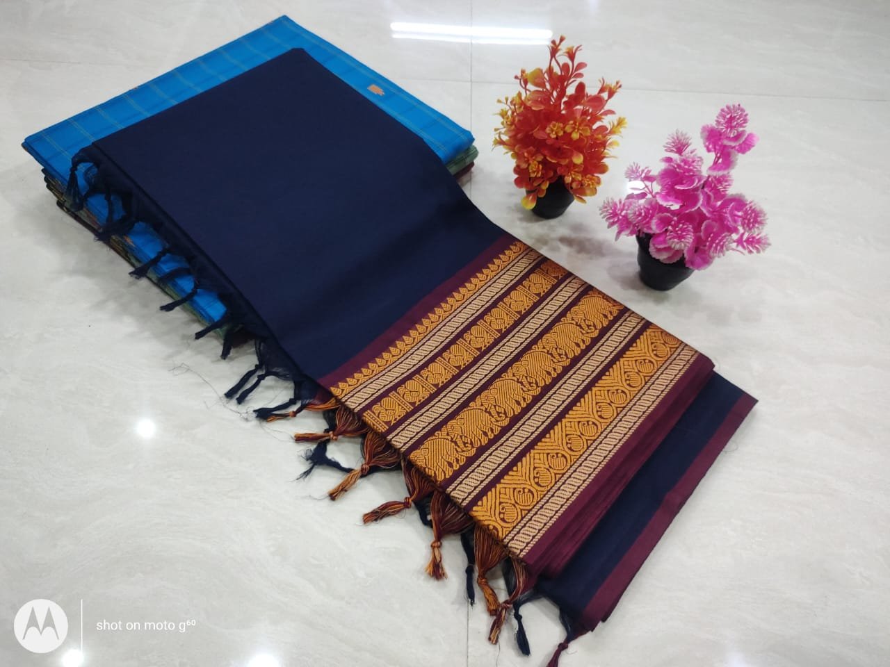 Dark Blue and Marron Chettinad Cotton Saree Dark Blue and Marron Chettinad Cotton Saree - Image 2