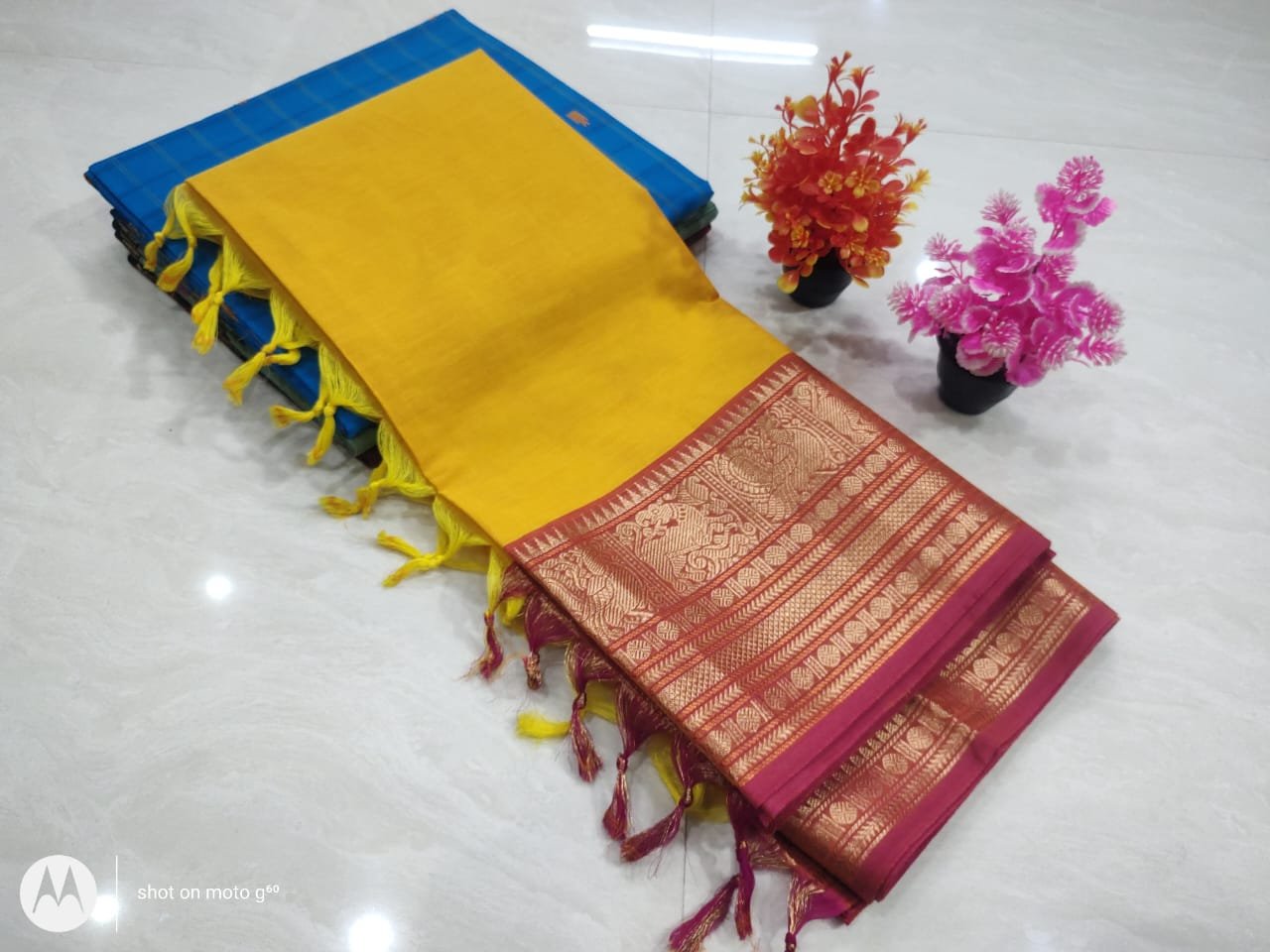 Yellow and Pink Chettinad Cotton Saree Yellow and Pink Chettinad Cotton Saree - Image 2